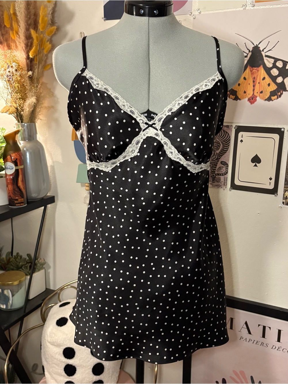 Ambrielle Black Polka Dot Satin Chemise with White Lace